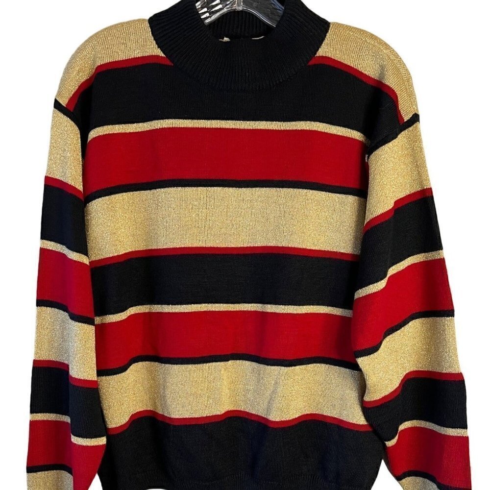 LISE J Women's Mock Neck Size L Red, Black & Gold Glitter Striped Sweater